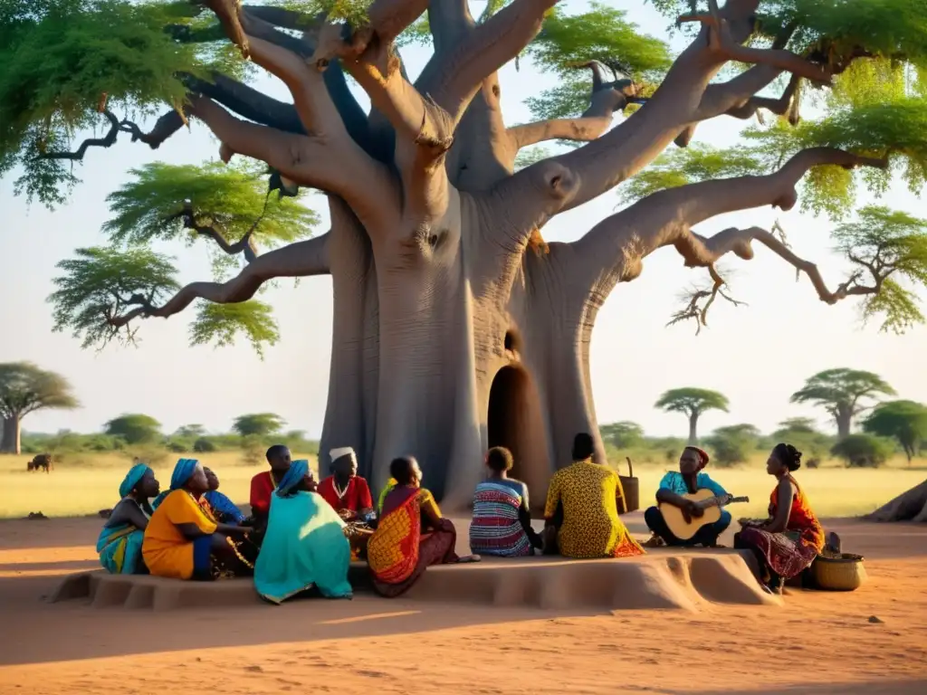 Grupo de griots animando a la comunidad bajo el baobab, destacando la importancia del griot en danza africana