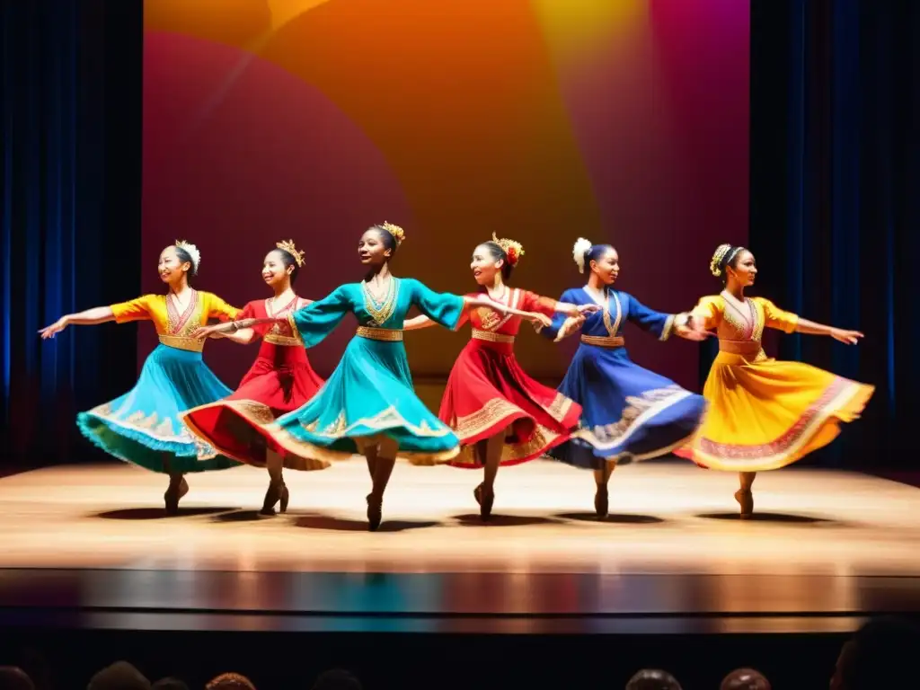 Grupo cultural de bailarines interpretando la danza para conectar culturas en un escenario iluminado, con movimientos gráciles y emocionantes