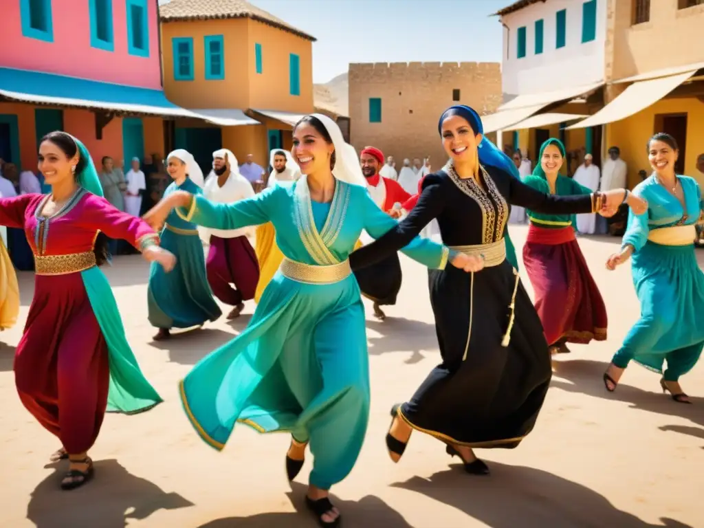 Un grupo se une para bailar la Dabke, danza tradicional de Medio Oriente, con telas coloridas y expresiones alegres en una plaza rústica al atardecer