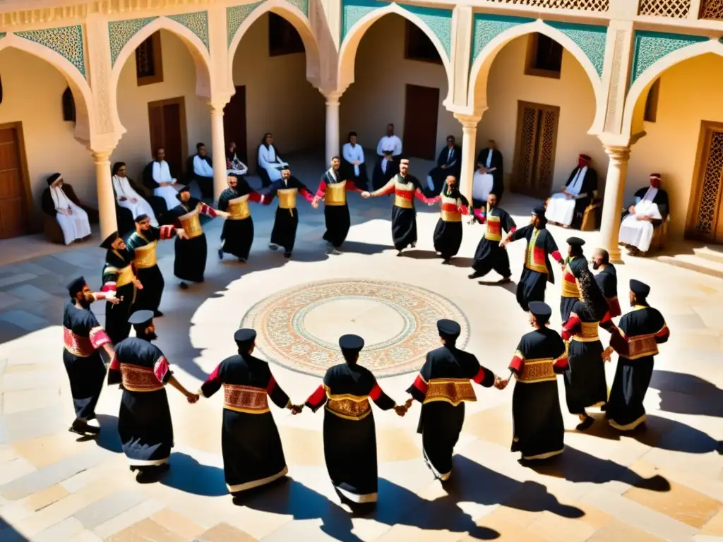 Grupo bailando Dabke libanés, atuendos tradicionales y expresiones alegres reflejan el significado cultural del Dabke libanés