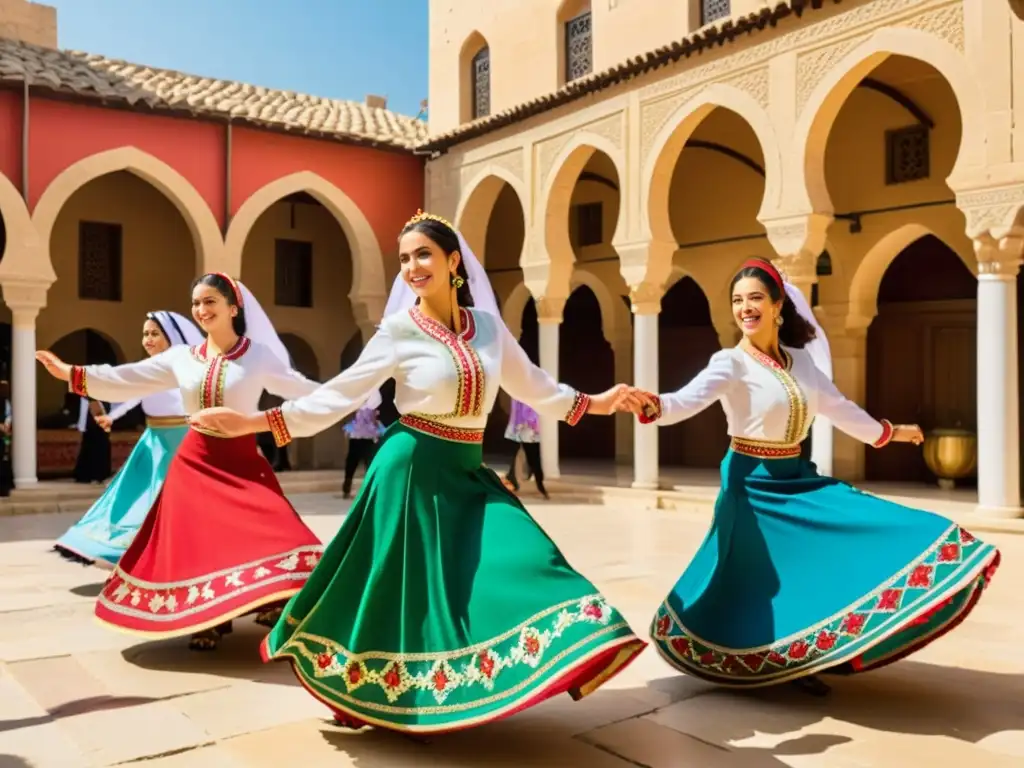 Grupo bailando Dabke libanés en un patio soleado, expresando el significado cultural del baile y la celebración comunitaria