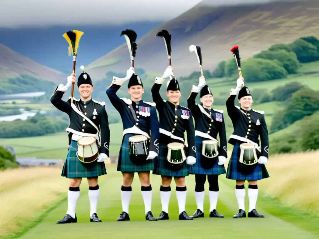 Jóvenes líderes de banda escocesa practicando con entusiasmo Grupo de Tambor Mayor Escocia Highland Dance practicando su rutina, con coloridos kilts y paisaje escocés de fondo