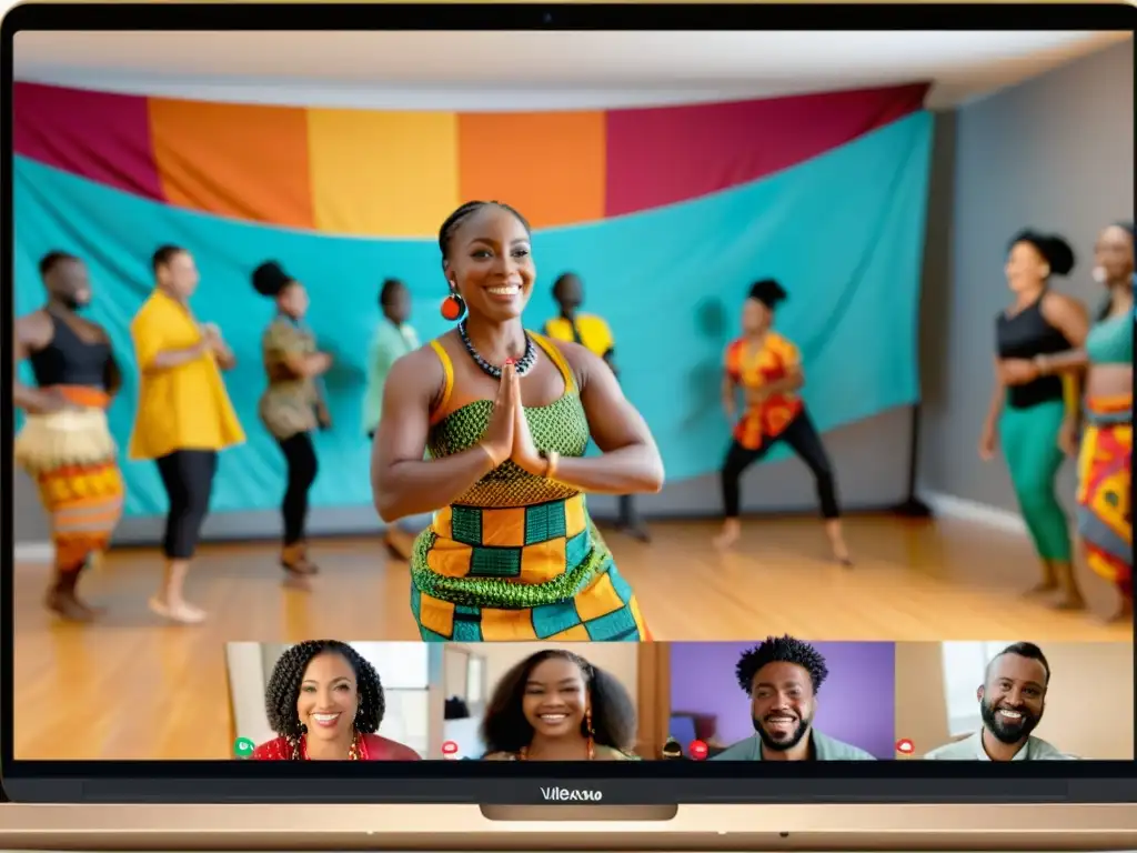 Grupo aprendiendo danza africana a distancia con instructor y ambiente auténtico