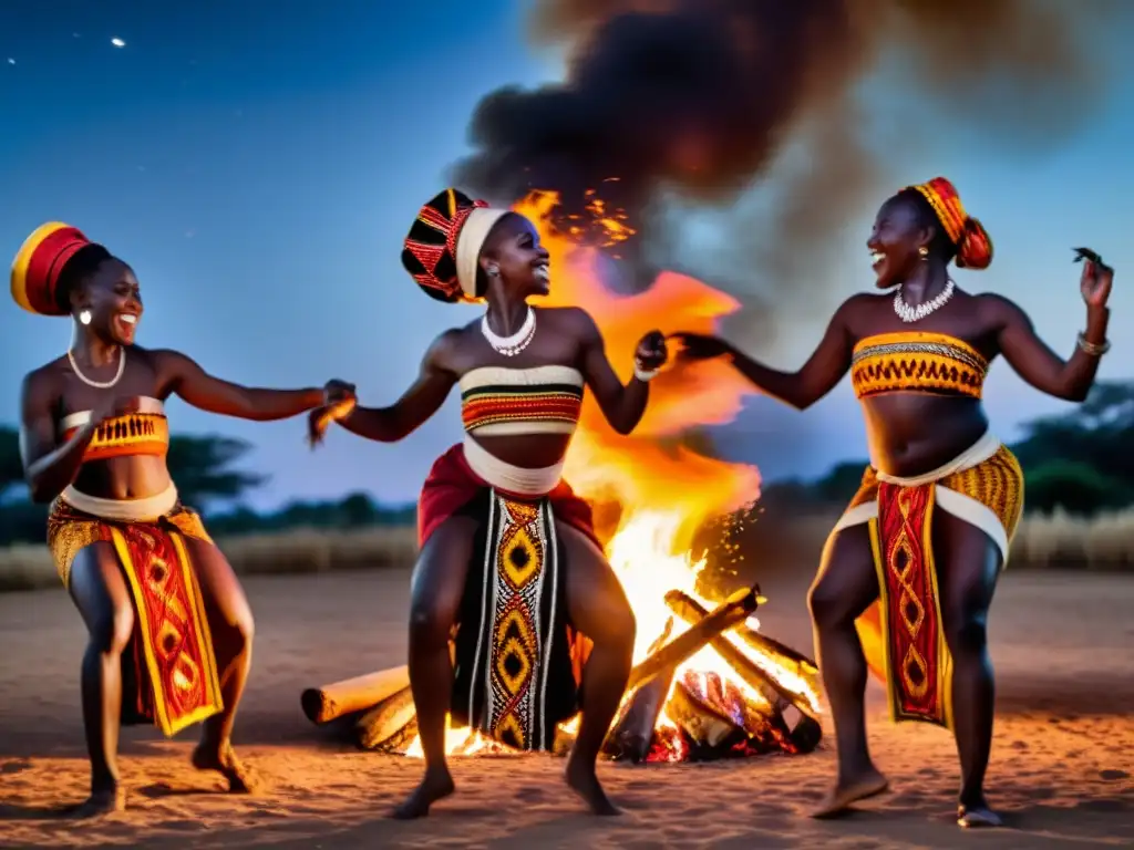 Grupo bailando danza africana alrededor del fuego bajo el cielo nocturno