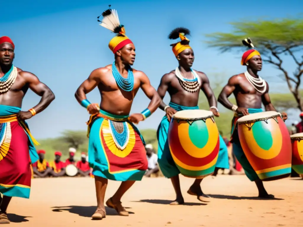 Grupo de danza africana tradicional bajo cielo abierto, atuendo colorido, movimientos rítmicos, músicos tocando tambores, expresiones intensas