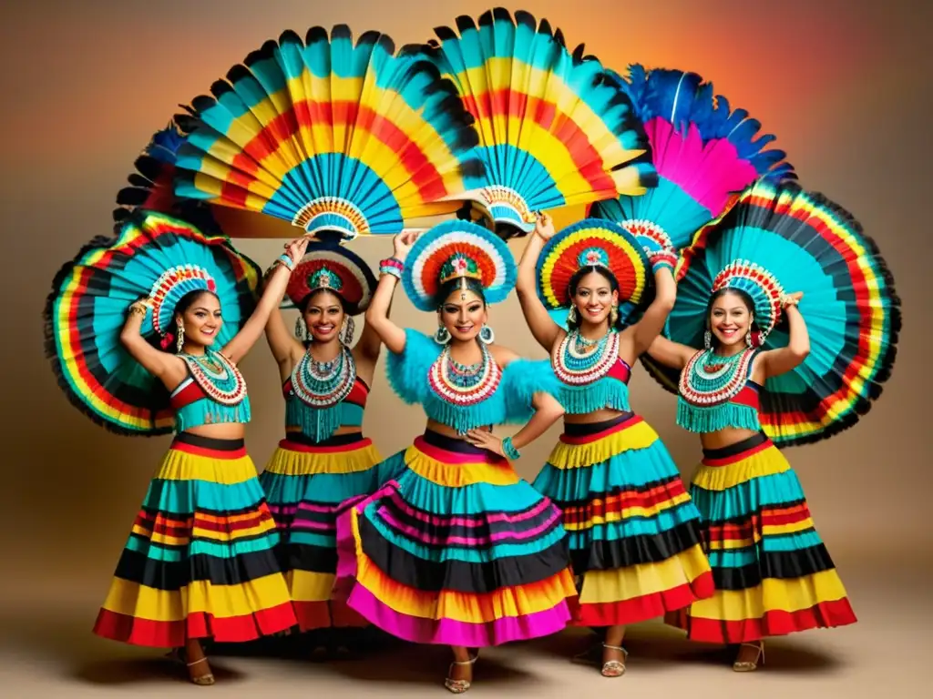 Un grupo de danza azteca con trajes tradicionales realizando un ritual