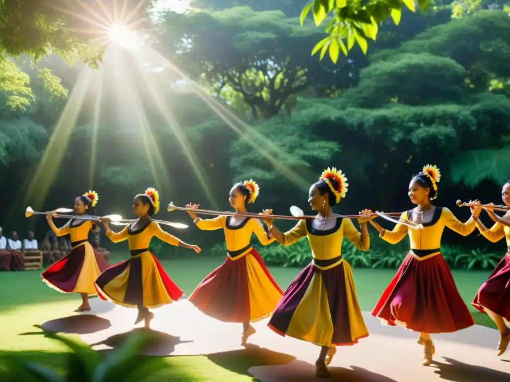 Grupo de danza practicando en un claro soleado, rodeado de exuberante vegetación, creando música original para danzas tradicionales