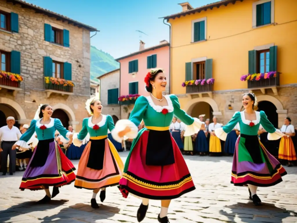 Un grupo de danza folclórica italiana realiza la tarantela en una plaza rústica