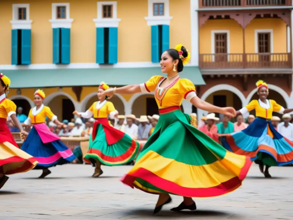 Grupo de danza folclórica en plaza animada, mostrando la importancia cultural de las danzas típicas, con coloridos trajes y público diverso