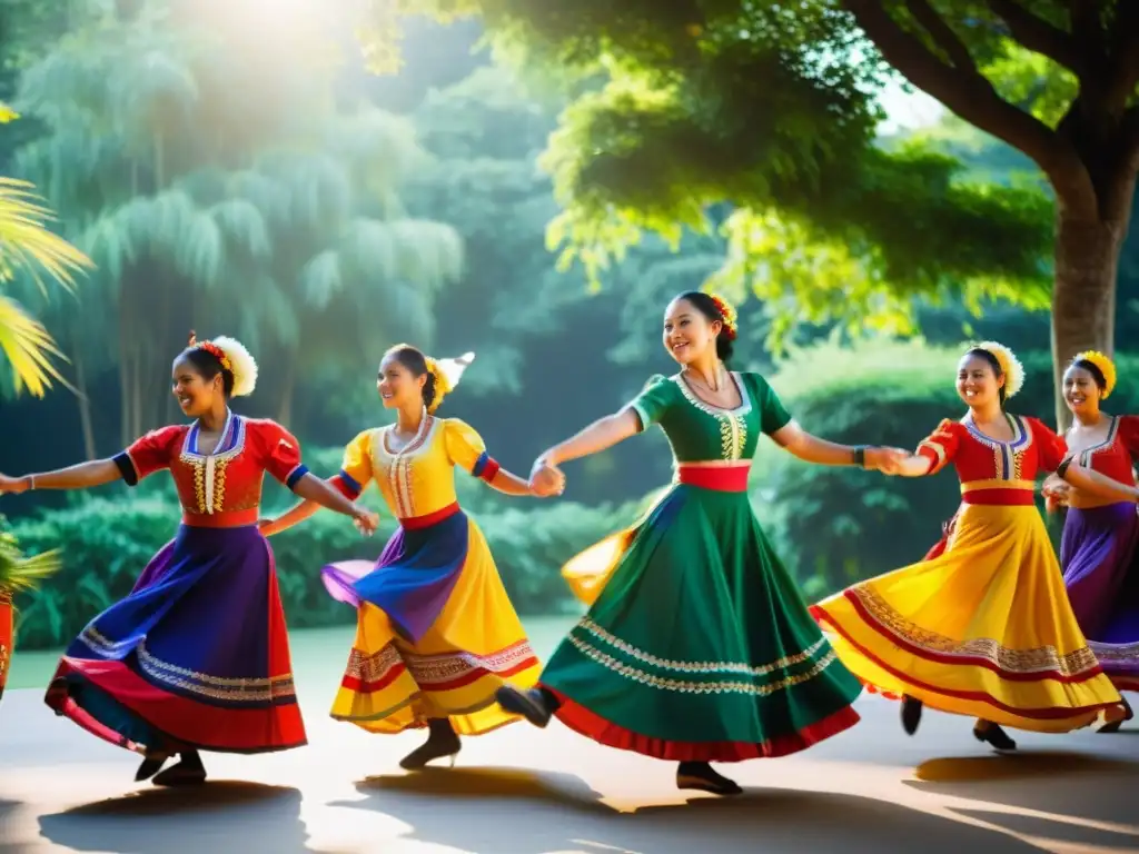 Grupo bailando danza folclórica en trajes vibrantes entre la naturaleza