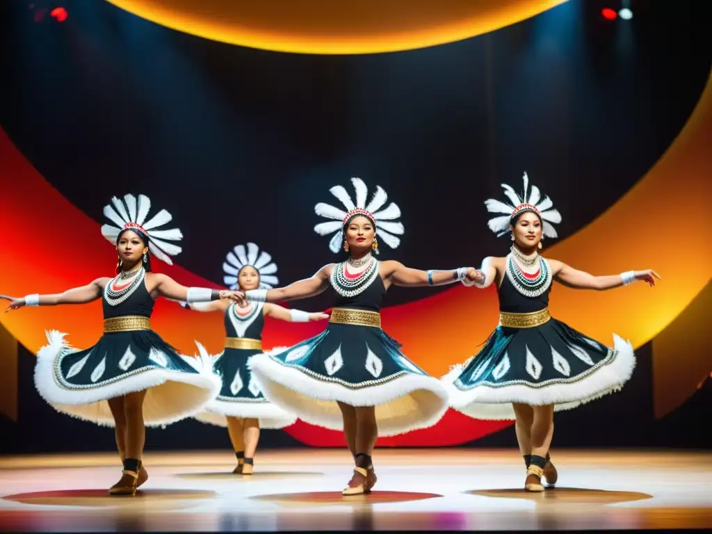 Un grupo de danza indígena realiza una actuación en un escenario moderno, fusionando danzas tradicionales y contemporáneas