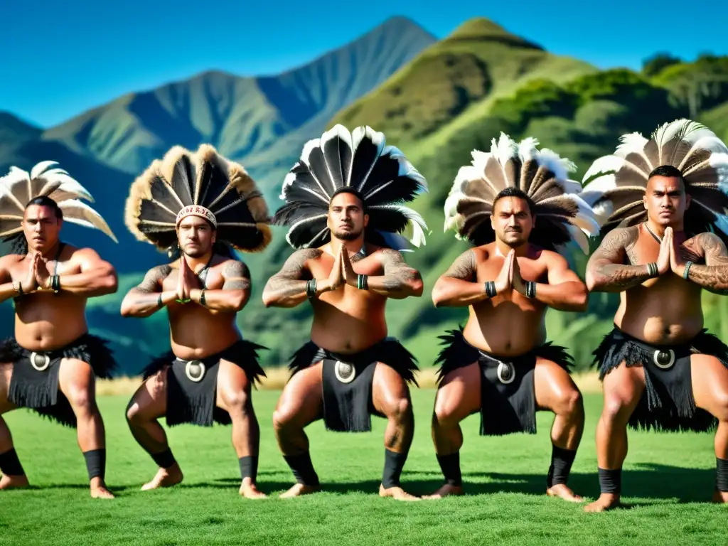 Grupo de danza Maorí ejecutando haka con fuerza y orgullo en un escenario natural, representando la diversidad de danzas tradicionales internacionales