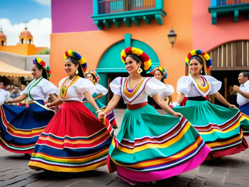 Grupo de danza mexicana en trajes vibrantes en el mercado