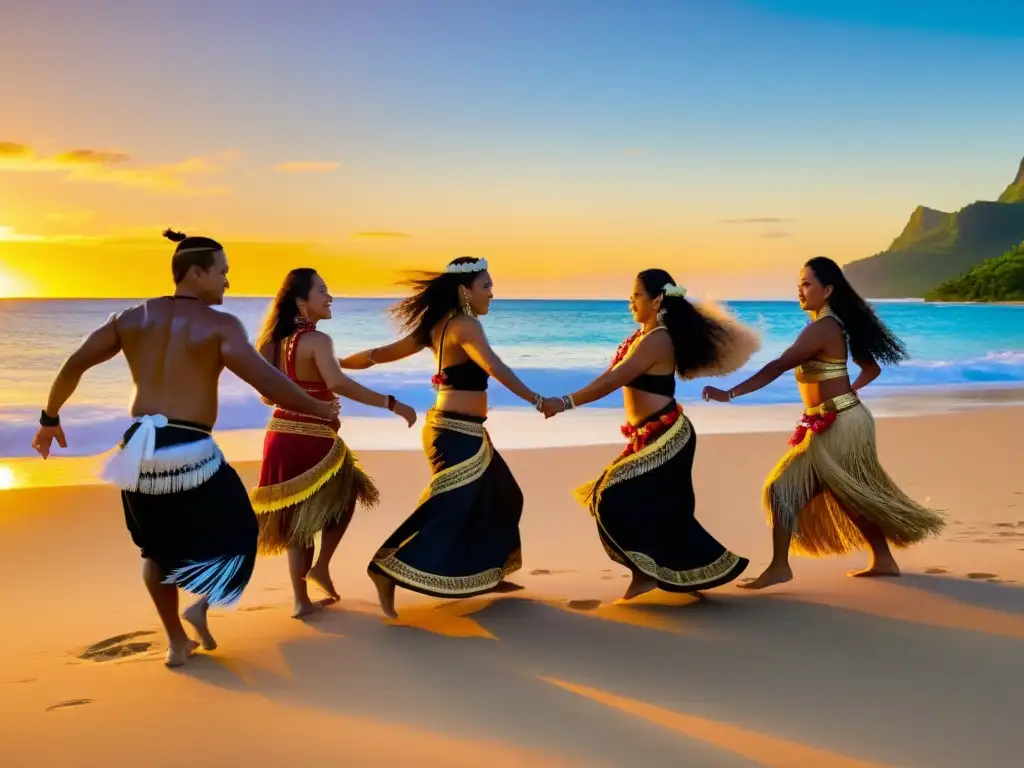 Un grupo baila danza polinesia en la playa al atardecer, transmitiendo curación y resiliencia