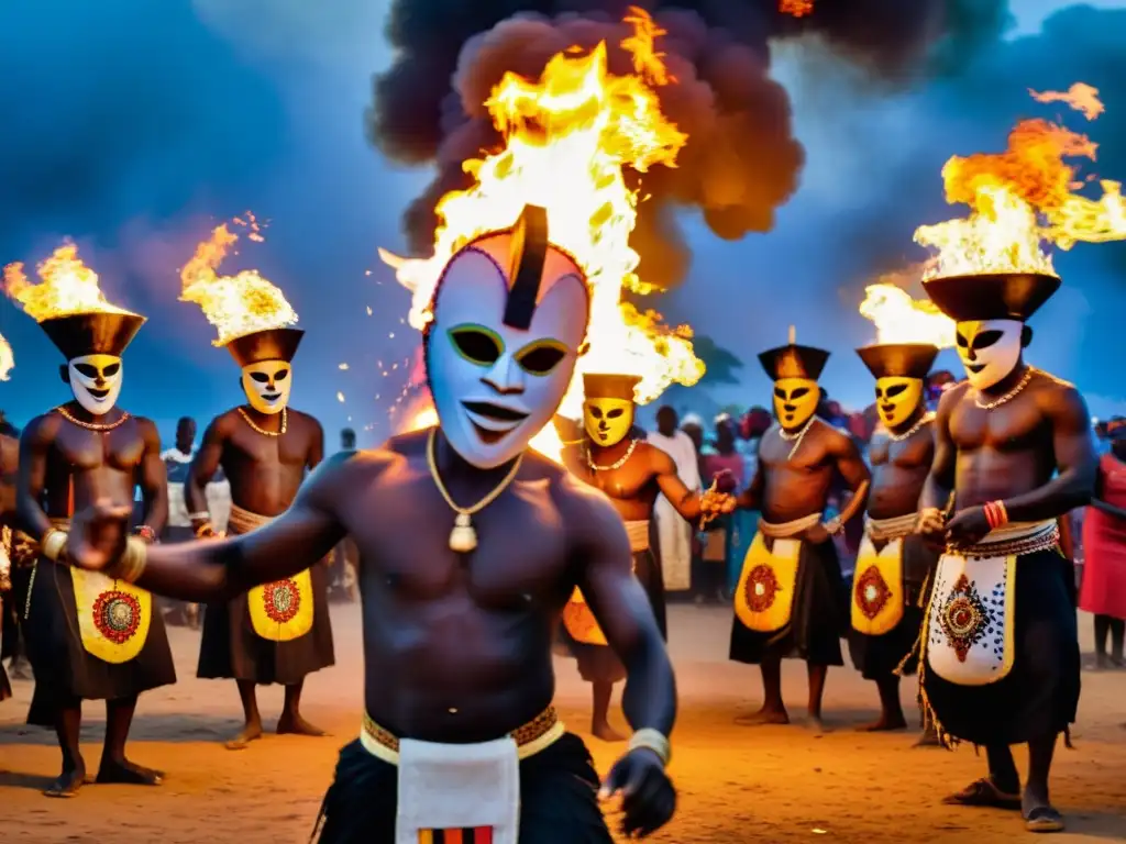 Grupo danza Vudú festivales religiosos Benín, coloridos trajes y máscaras, danzando alrededor de una fogata, energía mística