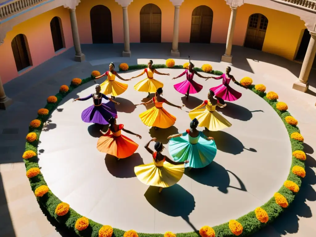 Un grupo de danza tradicional ensaya al aire libre con trajes coloridos, mientras músicos tocan instrumentos