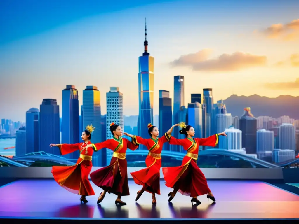 Grupo de danza tradicional asiática en escenario urbano, con trajes vibrantes y movimientos precisos, evocando la riqueza cultural y la modernidad