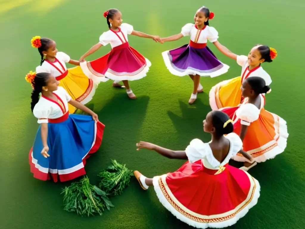 Un grupo de niños practica danza tradicional con entusiasmo en un campo soleado, rodeados de naturaleza exuberante