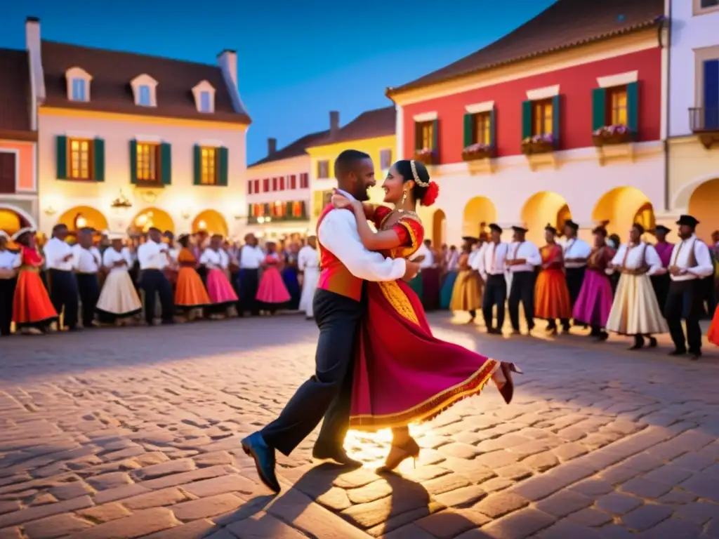 Grupo de danza tradicional con impacto económico, bailando en plaza histórica iluminada por faroles, con expresiones alegres del público