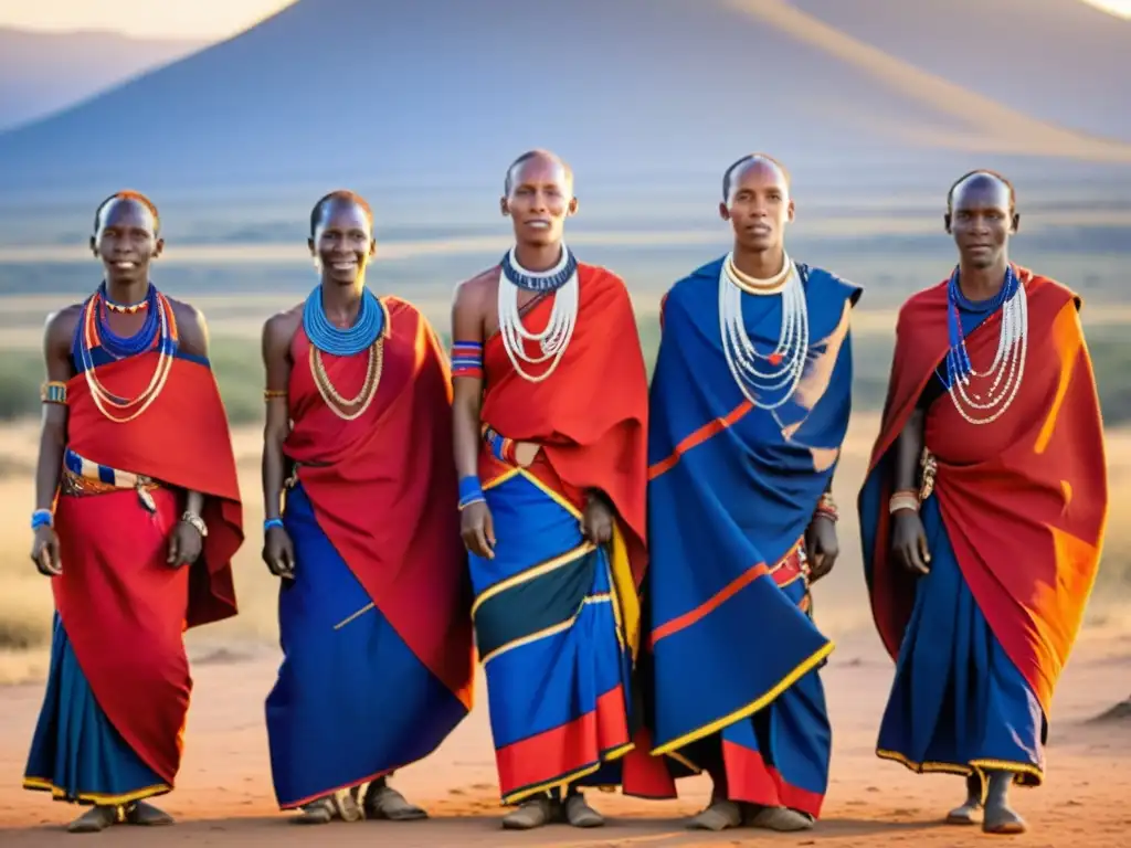 Grupo de danza tradicional Maasai en la vibrante sabana al atardecer, expresando orgullo y conexión con la tierra