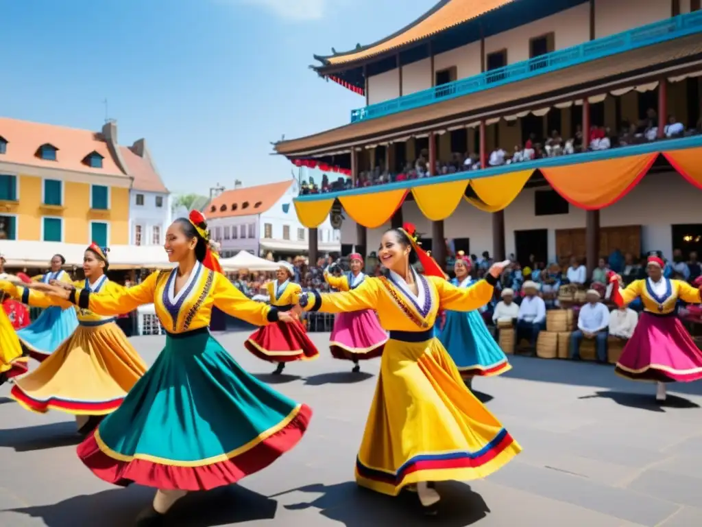 Grupo de danza tradicional en mercado vibrante, con trajes coloridos y público diverso