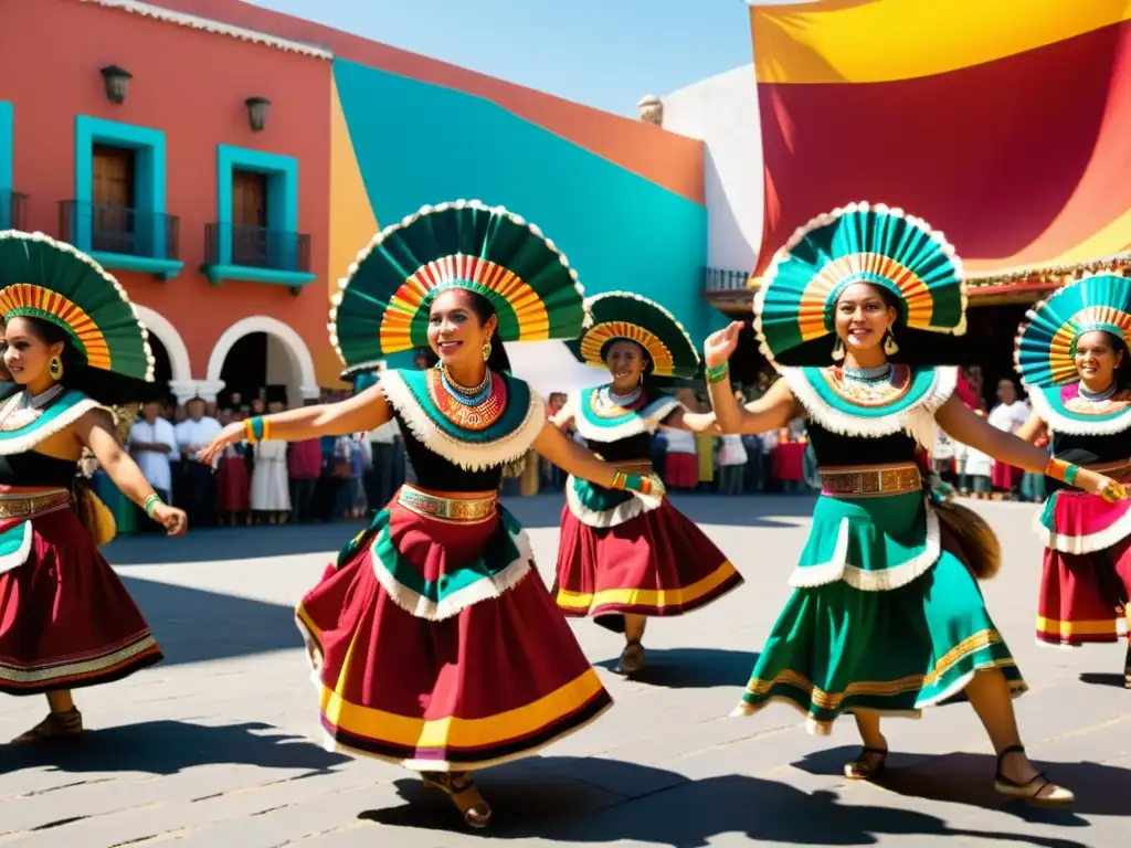 Grupo de danza tradicional mexicana Concheros en vibrante plaza de la Ciudad de México, con trajes coloridos y energía cautivadora