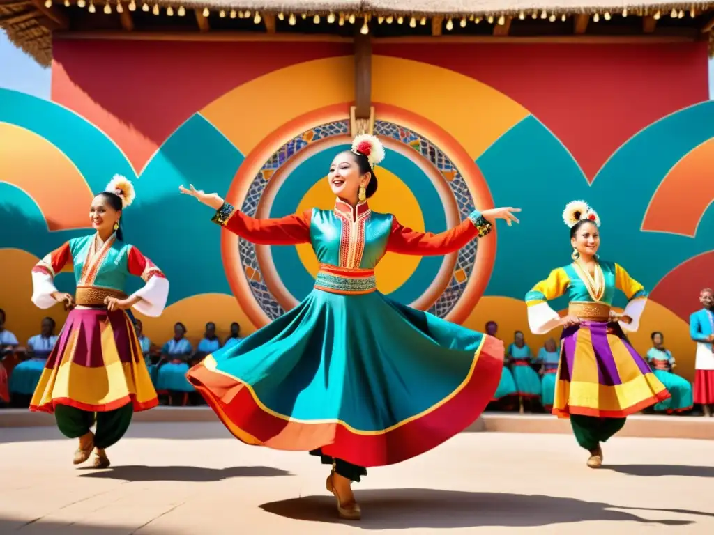 Un grupo de danza tradicional integrando música en danzas tradicionales, con trajes coloridos y movimientos dinámicos en un entorno vibrante