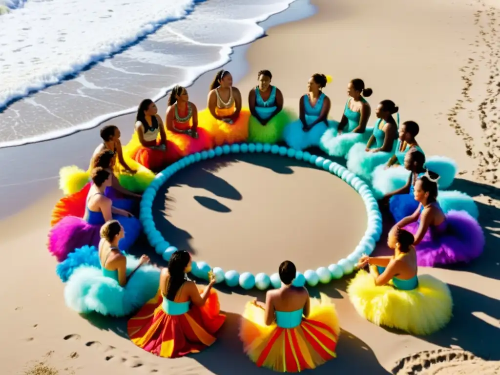 Grupo bailando danza tradicional Oceánica en la playa, irradiando orgullo cultural y conexión comunitaria