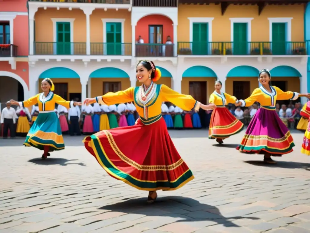 Grupo de danza tradicional en la plaza del pueblo, celebrando la diversidad cultural