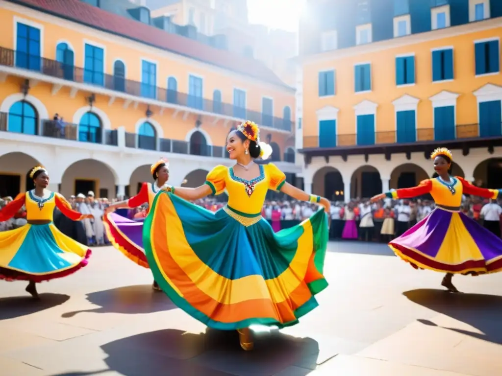 Espectáculo de danza tradicional en la ciudad Grupo de danza tradicional actuando en una plaza vibrante con ropa colorida y música en vivo