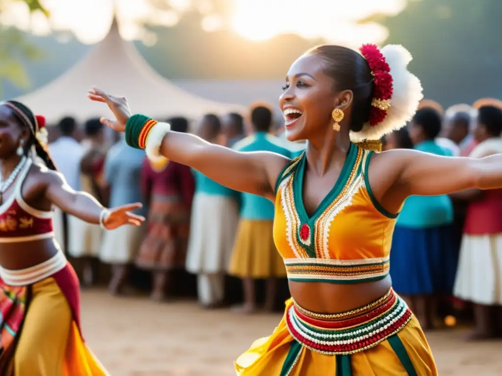 Grupo disfrutando de danza tradicional con respeto, en atuendos vibrantes, rodeados de admiración y alegría