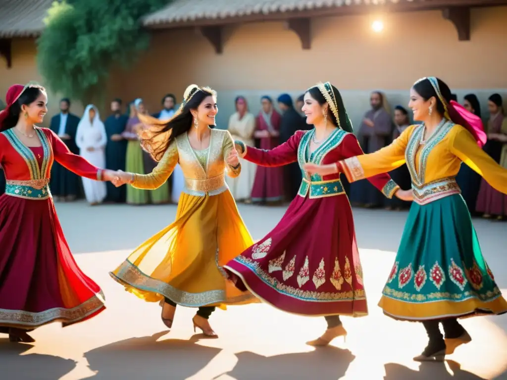 Grupo disfruta danza tradicional de Norooz en trajes persas vibrantes, bajo cálido sol primaveral y paisaje pintoresco