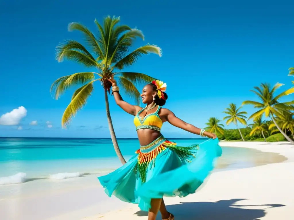 Grupo de danza tradicional caribeña en vibrante playa, capturando la esencia del baile y la belleza natural