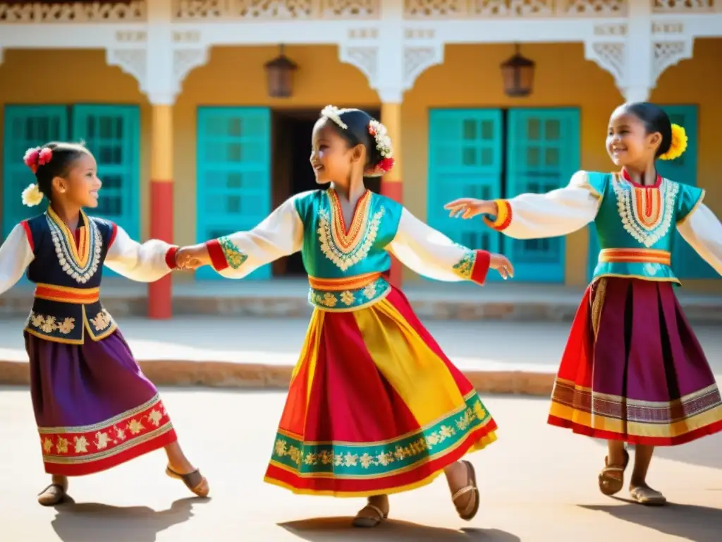 Un grupo de niños practica danza en trajes de danza tradicionales para niños, irradiando alegría y orgullo en un patio soleado y vibrante