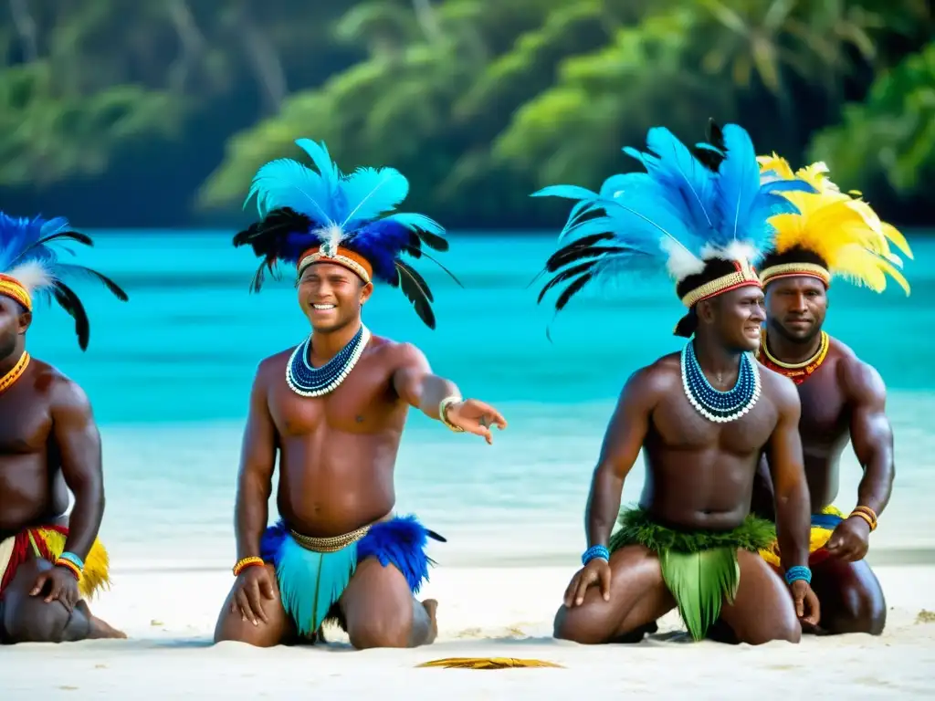 Grupo danzante con trajes tradicionales y plumas en la orilla de las Islas Salomón, captura el significado cultural de la danza