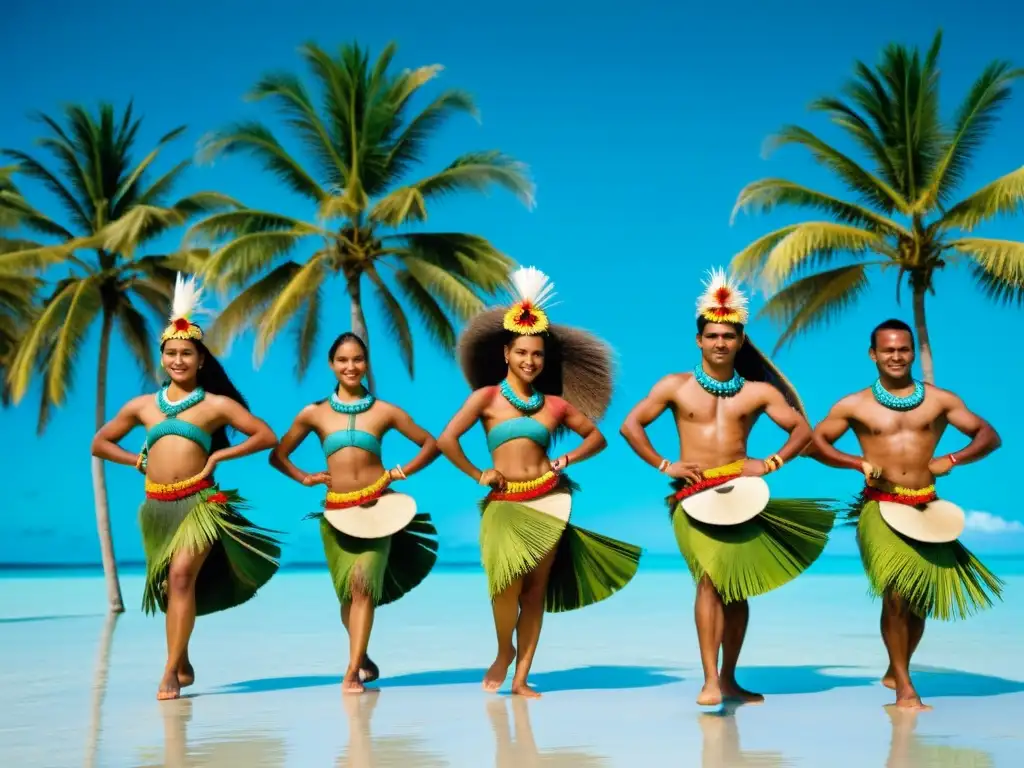 Grupo danzante en Kiribati con trajes vibrantes y música sagrada danzas Kiribati, bajo el sol dorado y aguas turquesas