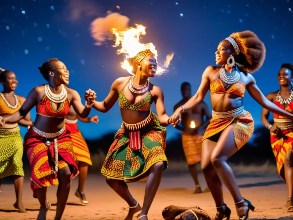 Grupo bailando danzas afrodisíacas alrededor de una fogata bajo el cielo estrellado