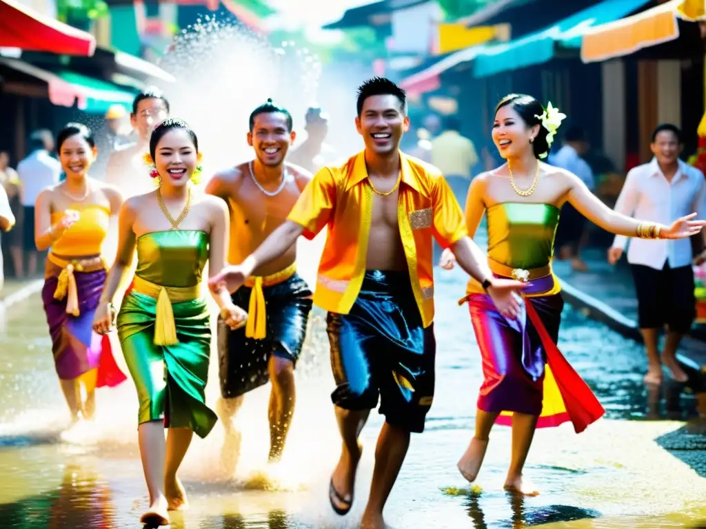 Grupo disfruta danzas Songkran, salpicando agua en trajes tradicionales tailandeses, capturando la alegría y significado cultural de la festividad