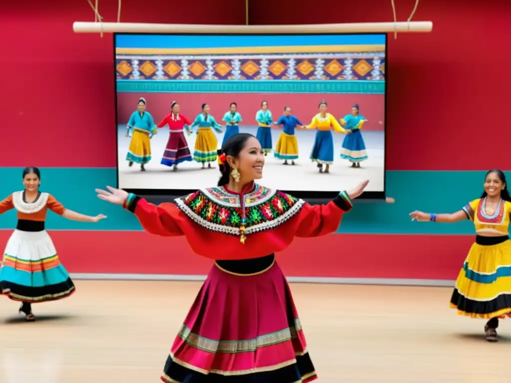 Grupo en masterclass de danzas andinas tradicionales, vistiendo coloridos trajes, expresando alegría y conexión cultural