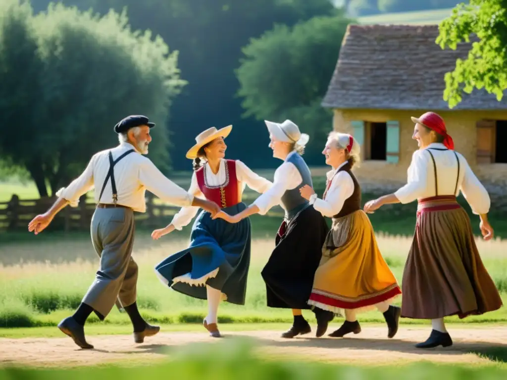 Grupo bailando danzas campesinas francesas en campo soleado, reflejando tradición y comunidad