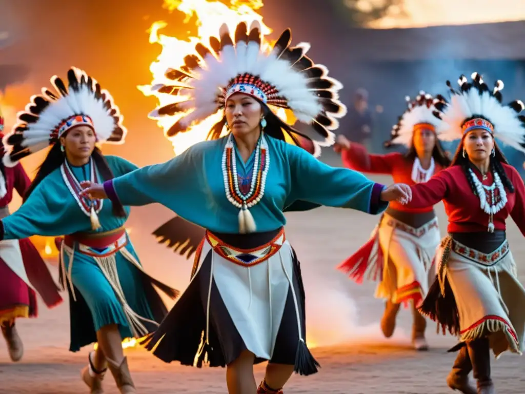 Grupo de danzas chamánicas nativos americanos en ritual sagrado alrededor del fuego, honrando su significado cultural ancestral