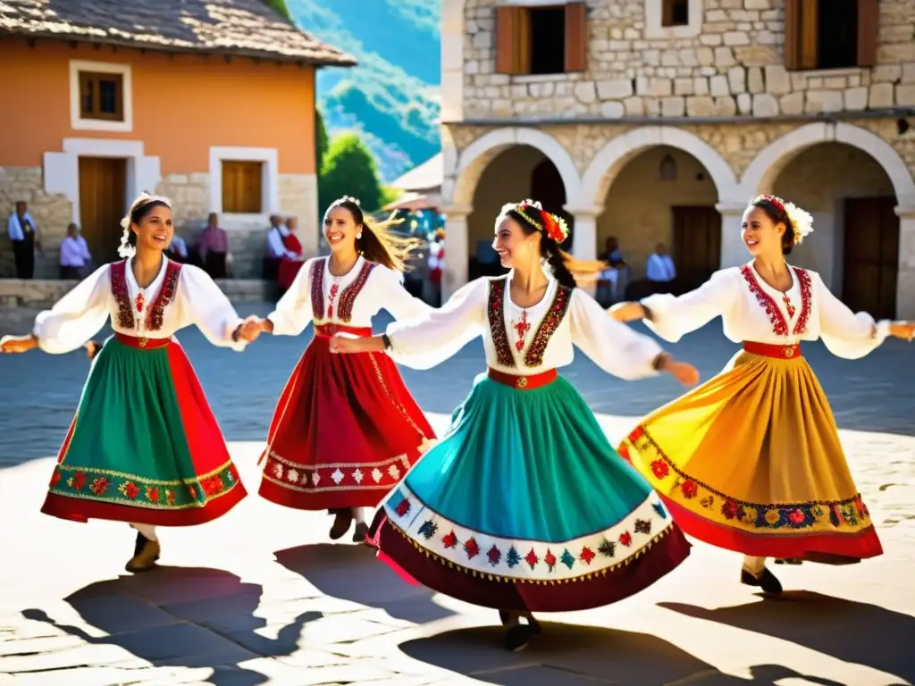 Grupo bailando danzas folclóricas balcánicas en plaza soleada, expresando alegría y significado cultural