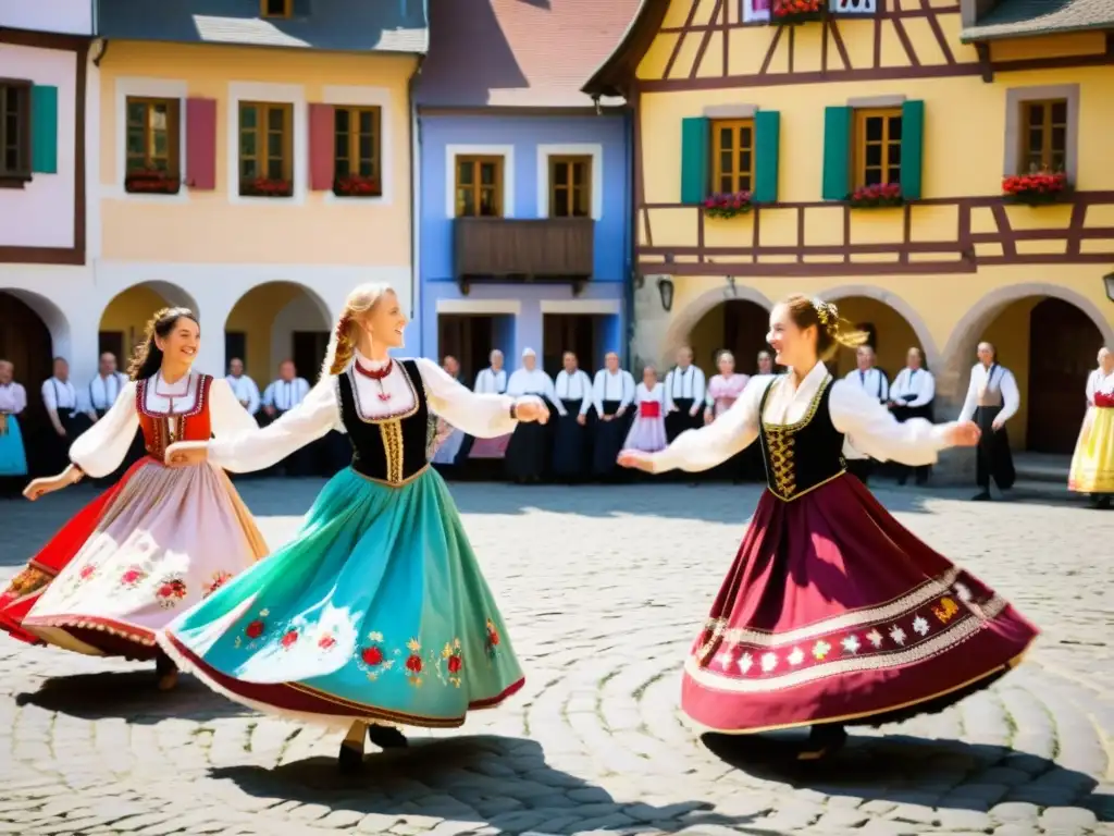 Grupo bailando danzas folclóricas de Europa Central en la plaza del pueblo al sol