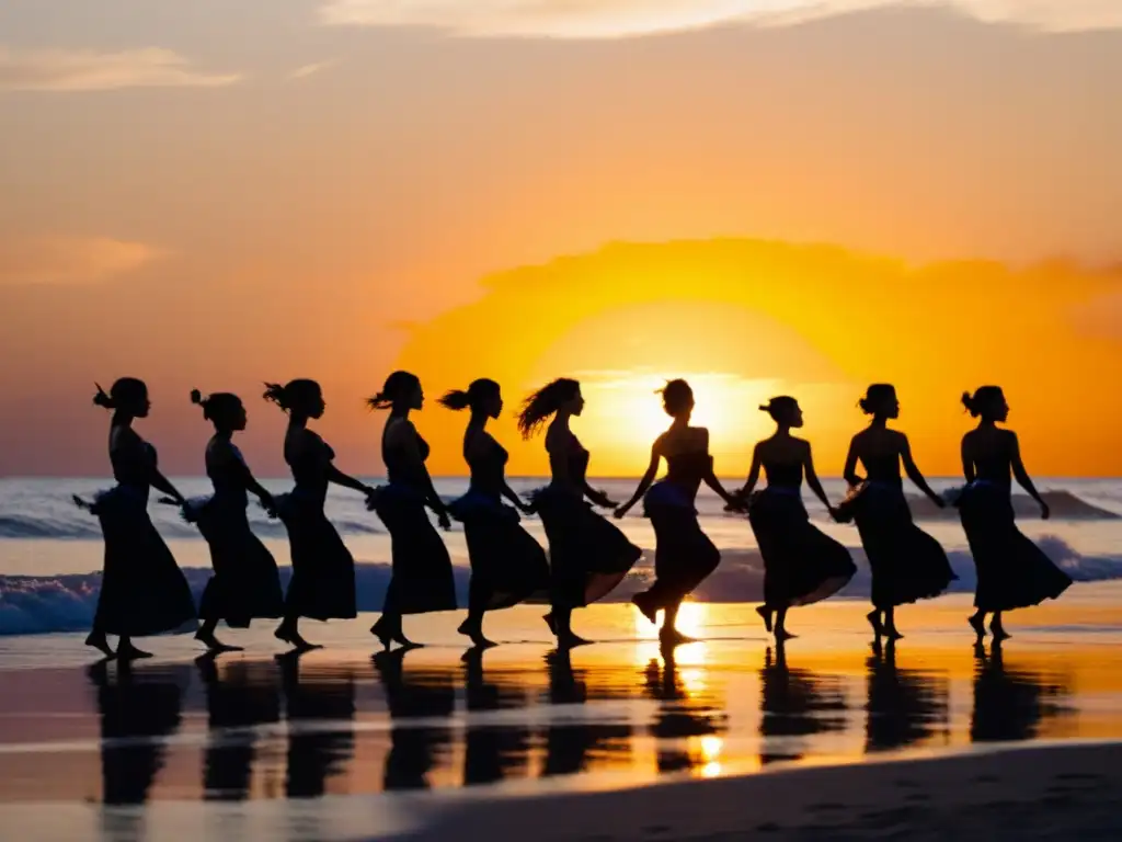 Grupo bailando danzas oceánicas al atardecer, reflejos dorados del sol en el agua, poder curativo de las danzas oceánicas