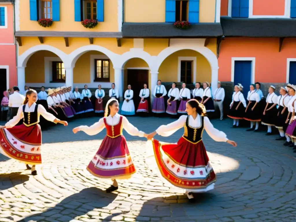 Grupo bailando danzas tradicionales en plaza europea al atardecer