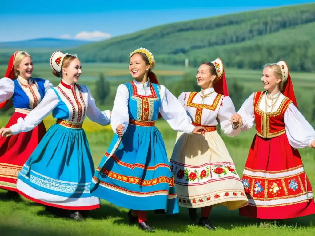 Grupo bailando danzas tradicionales rusas en el campo con trajes coloridos, expresiones alegres y energía cultural