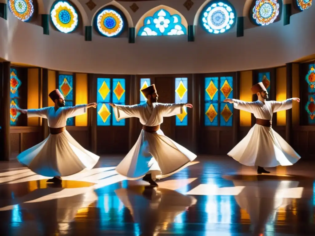 Grupo de derviches girando en una danza meditativa, iluminados por luz suave, en una habitación con patrones intrincados y ventanales coloridos