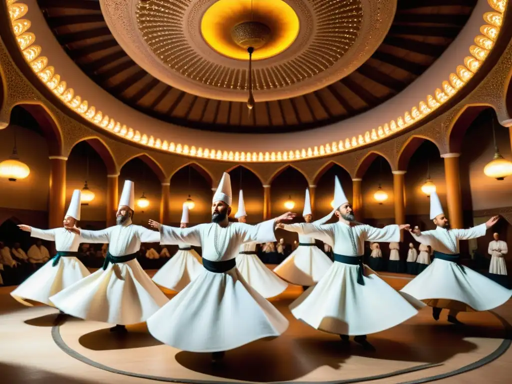 Grupo de Derviches Giróvagos en trance espiritual, danzando en ceremonia Sufi