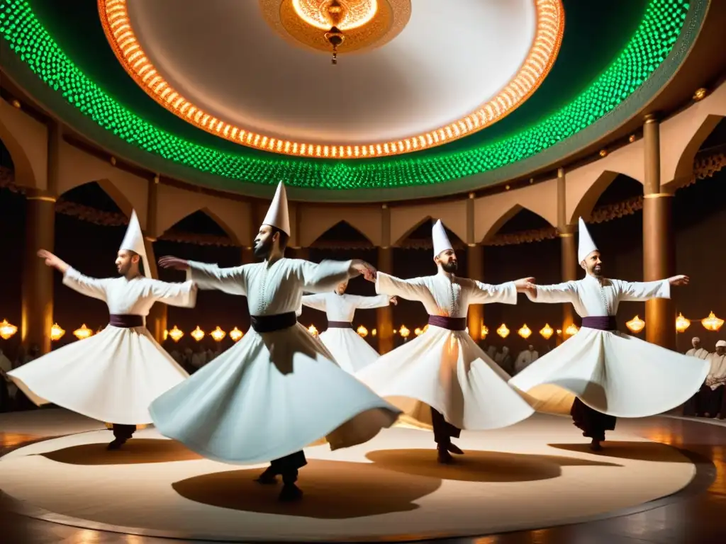 Grupo de Derviches Giróvagos en trance espiritual, girando con gracia en un salón decorado, expresando significado espiritual danza Whirling Dervishes