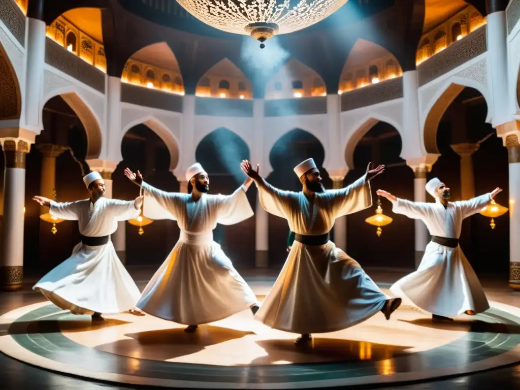 Grupo de derviches danzando en una mezquita sufi, con sonidos hipnóticos